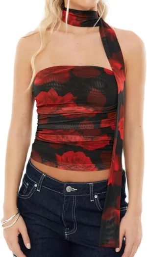 Women Sexy Floral Strapless Top Y2K Coquette Sleeveless Halter Tube Top with Scarf Vintage Going Out Cami Tank Top