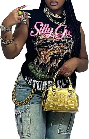 Women Sexy Graphic T Shirt Loose Fit Crew Neck Letter Print Sleeveless Tank Top Club Outfits