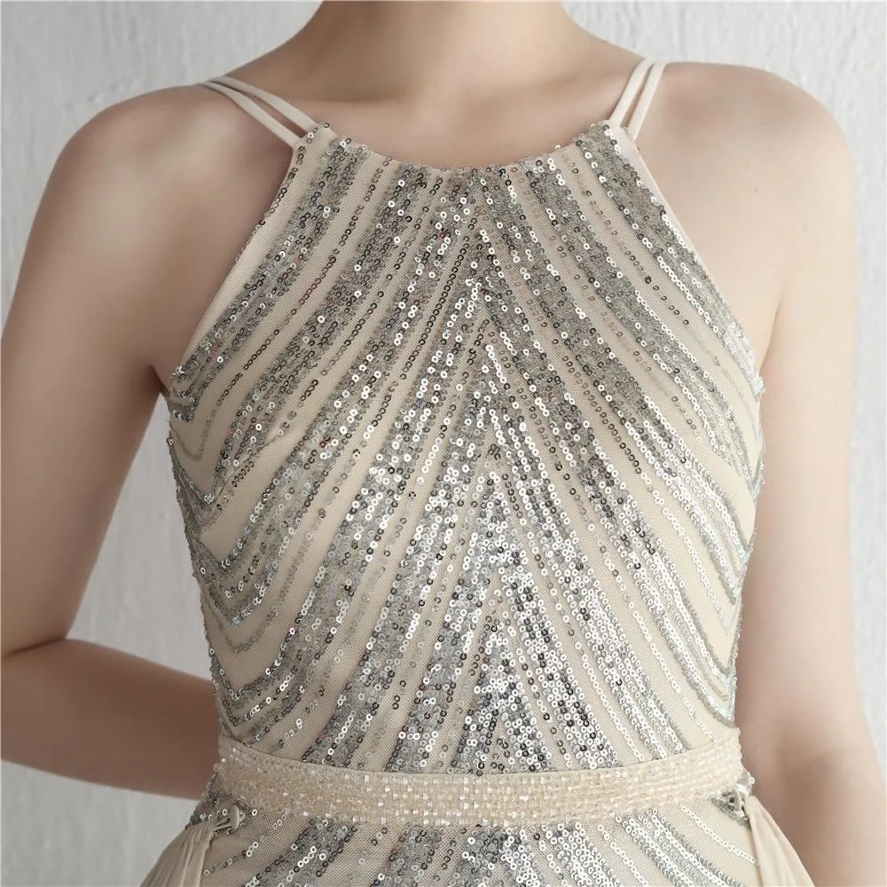 Women Sexy Long Evening Party Dress Fashionable Off Shoulder Sequin Evening Dress with Detachable Chiffon