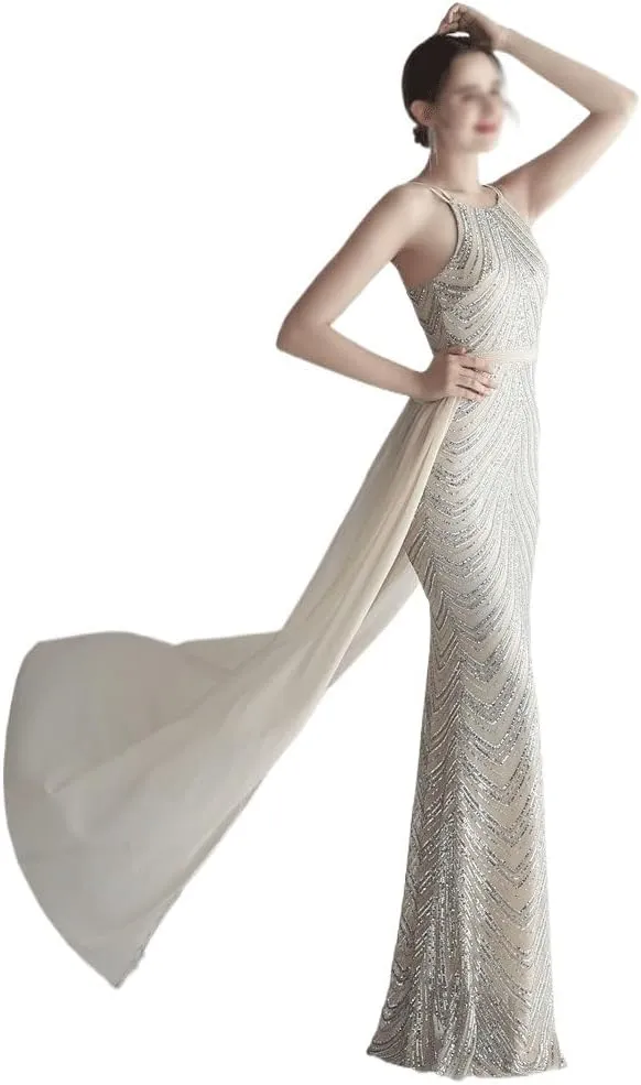 Women Sexy Long Evening Party Dress Fashionable Off Shoulder Sequin Evening Dress with Detachable Chiffon