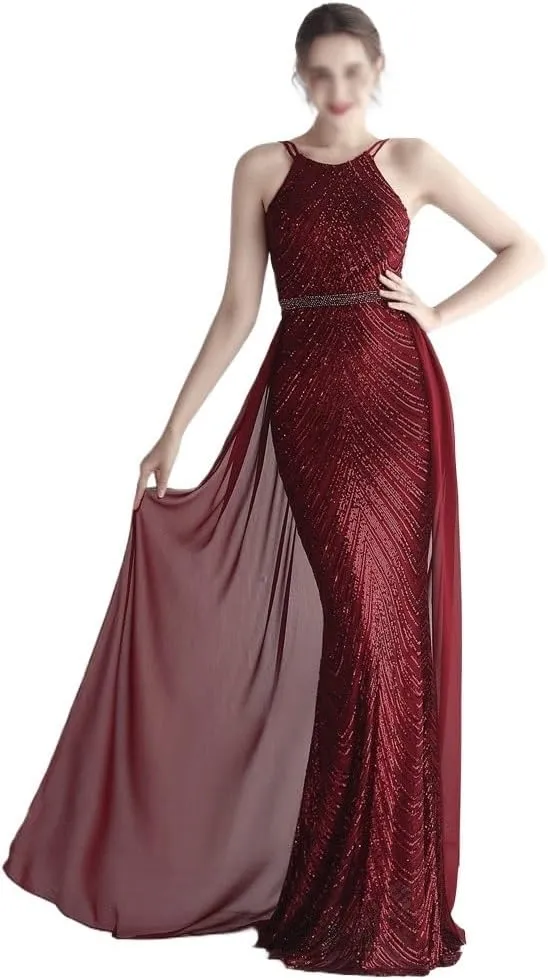 Women Sexy Long Evening Party Dress Fashionable Off Shoulder Sequin Evening Dress with Detachable Chiffon