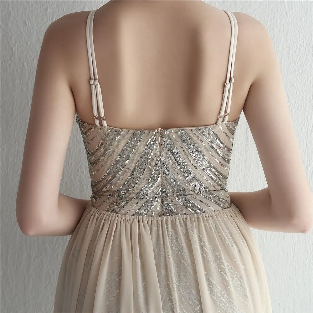 Women Sexy Long Evening Party Dress Fashionable Off Shoulder Sequin Evening Dress with Detachable Chiffon