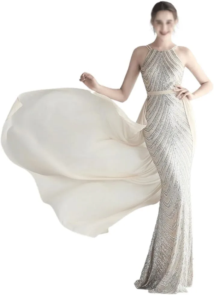 Women Sexy Long Evening Party Dress Fashionable Off Shoulder Sequin Evening Dress with Detachable Chiffon