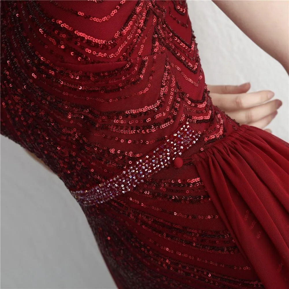 Women Sexy Long Evening Party Dress Fashionable Off Shoulder Sequin Evening Dress with Detachable Chiffon