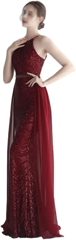 Women Sexy Long Evening Party Dress Fashionable Off Shoulder Sequin Evening Dress with Detachable Chiffon