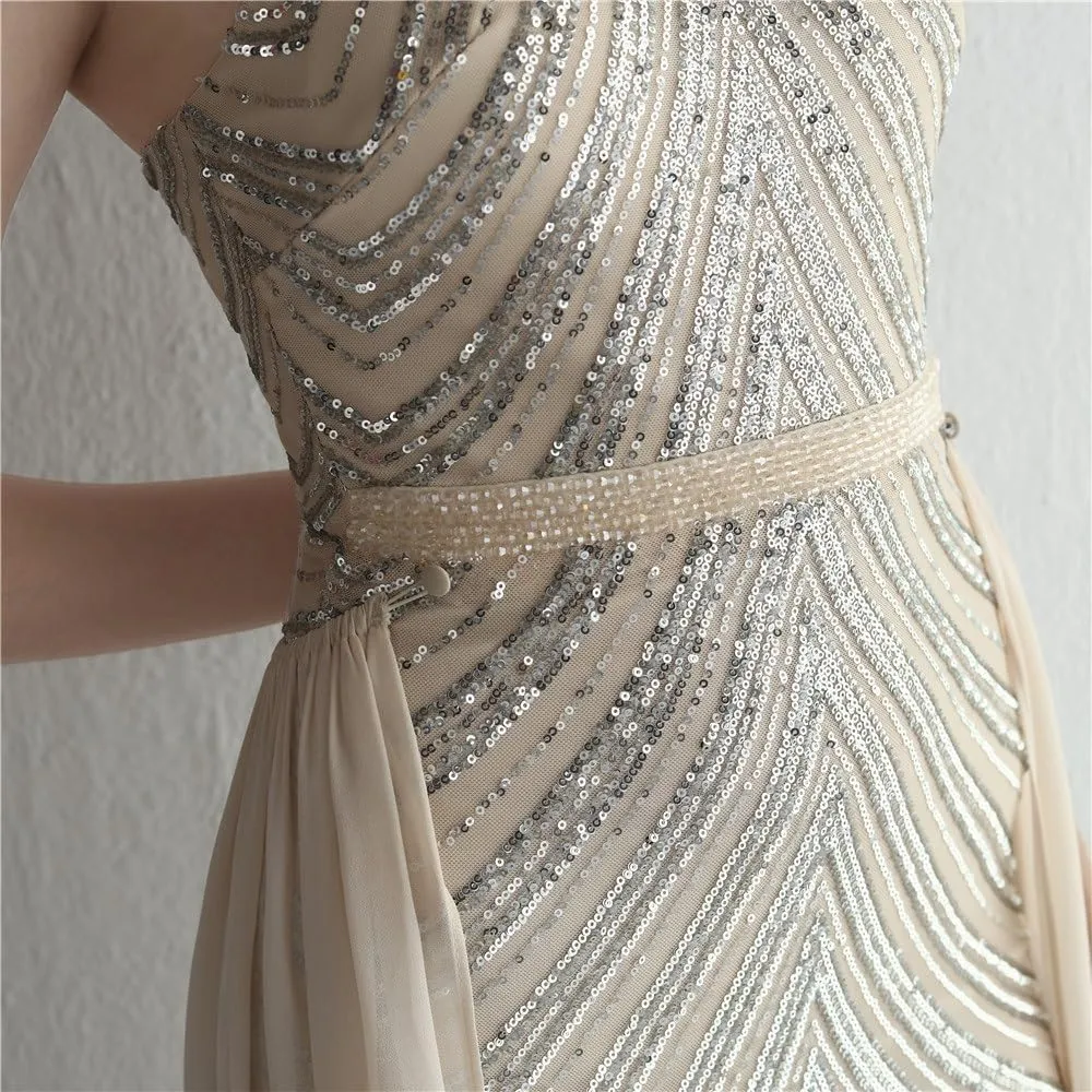 Women Sexy Long Evening Party Dress Fashionable Off Shoulder Sequin Evening Dress with Detachable Chiffon