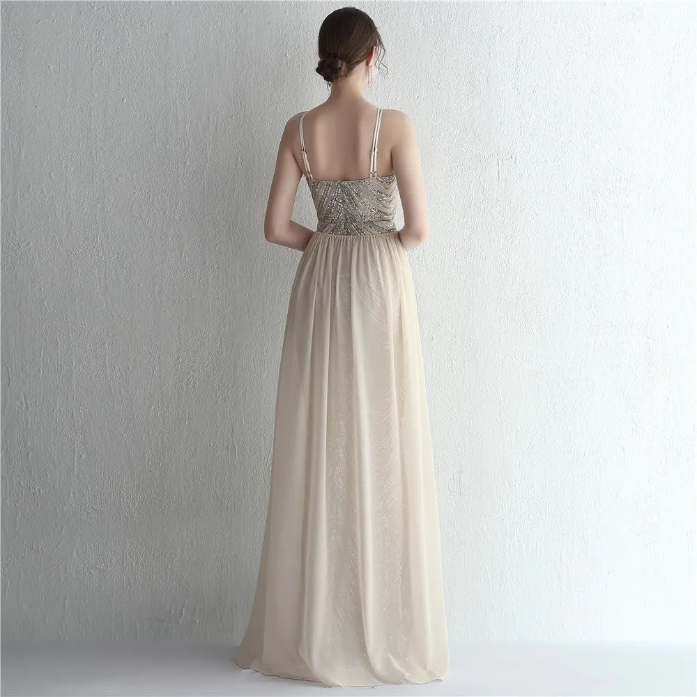 Women Sexy Long Evening Party Dress Fashionable Off Shoulder Sequin Evening Dress with Detachable Chiffon