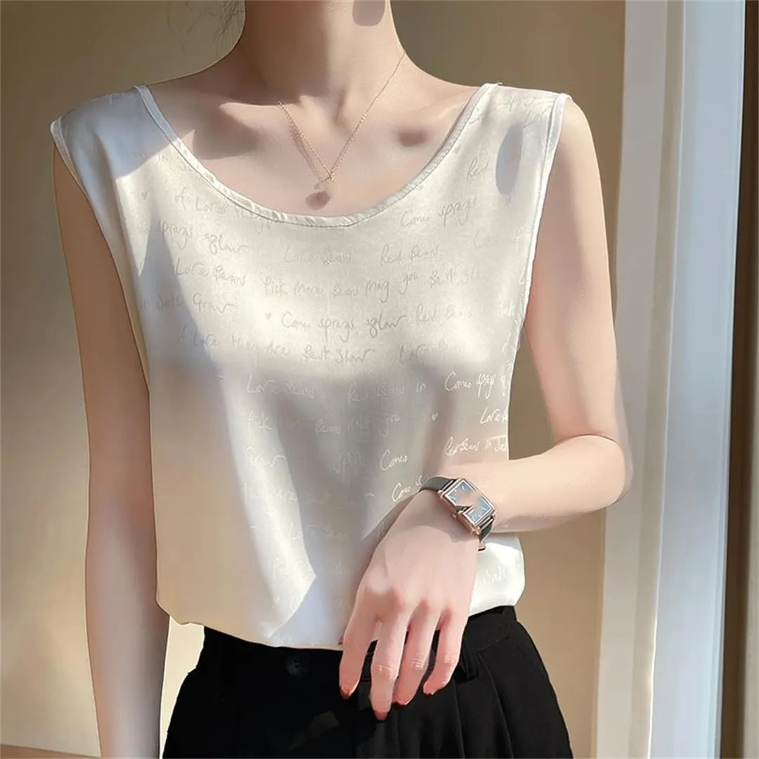 Women Silk Camisole Loose Thin Sleeveless Tops Summer Satin Silk Base Shirt