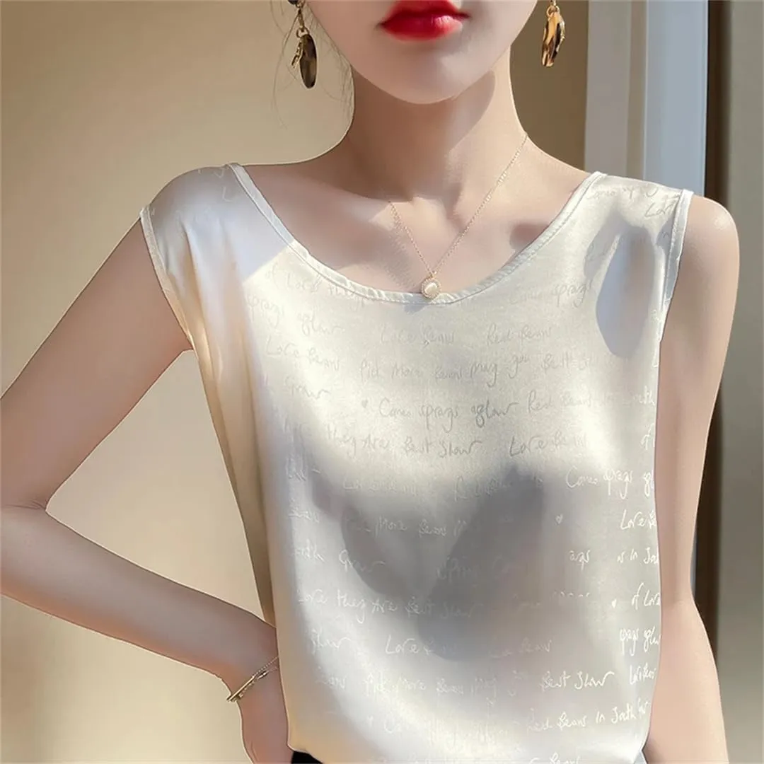 Women Silk Camisole Loose Thin Sleeveless Tops Summer Satin Silk Base Shirt