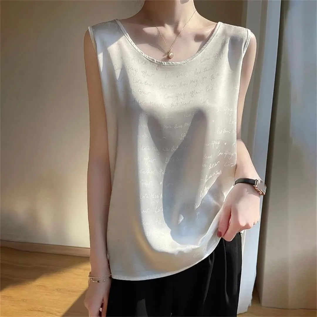 Women Silk Camisole Loose Thin Sleeveless Tops Summer Satin Silk Base Shirt
