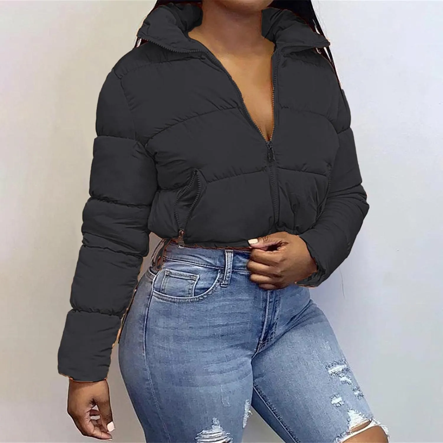 Women Solid Crop Short Down Jacket, Short Lightweight Coat with Zipper, Cropped Puffer Fashion Jackets for Women Black