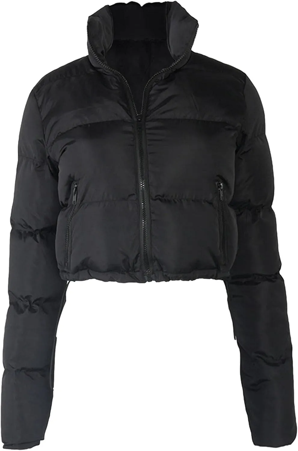 Women Solid Crop Short Down Jacket, Short Lightweight Coat with Zipper, Cropped Puffer Fashion Jackets for Women Black