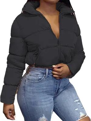 Women Solid Crop Short Down Jacket, Short Lightweight Coat with Zipper, Cropped Puffer Fashion Jackets for Women Black