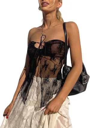 Women Spaghetti Strap Lace Crop Camisole Sleeveless V Neck Cami Top Vintage Backless Tank Top Y2k Slim Fit Streetwear
