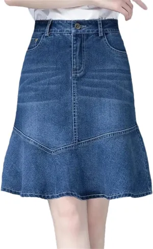 Women Spring Summer High-Waisted Ruffle A-Line Jeans Skirt Package HIPS Fishtail Mini Denim Skirts