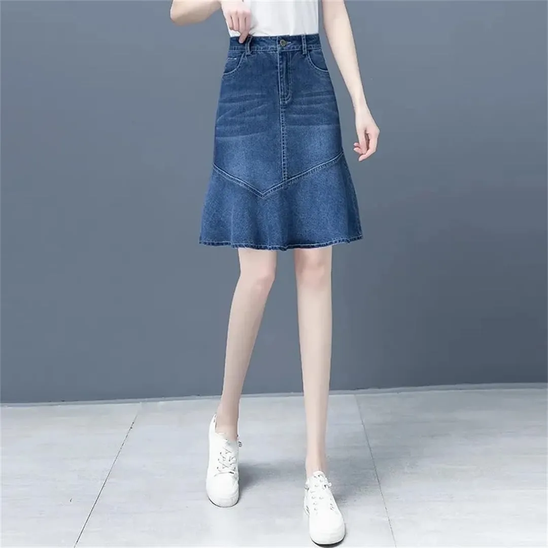 Women Spring Summer High-Waisted Ruffle A-Line Jeans Skirt Package HIPS Fishtail Mini Denim Skirts