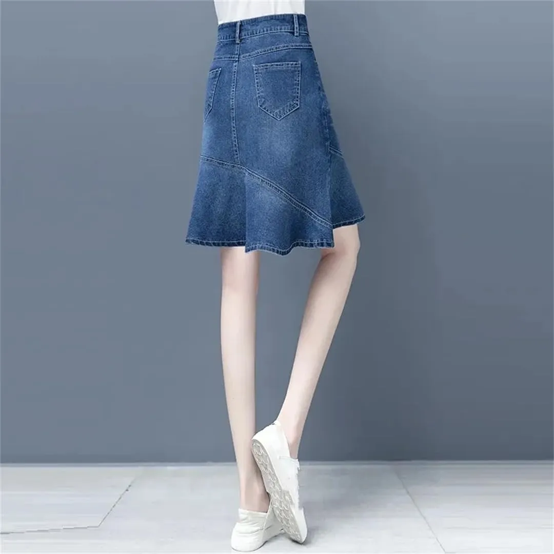 Women Spring Summer High-Waisted Ruffle A-Line Jeans Skirt Package HIPS Fishtail Mini Denim Skirts
