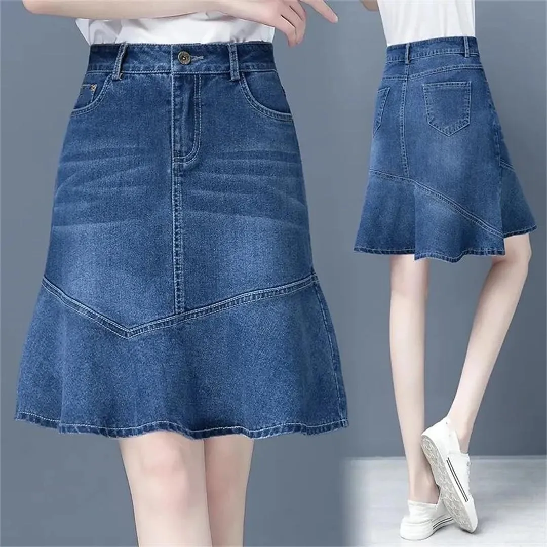 Women Spring Summer High-Waisted Ruffle A-Line Jeans Skirt Package HIPS Fishtail Mini Denim Skirts