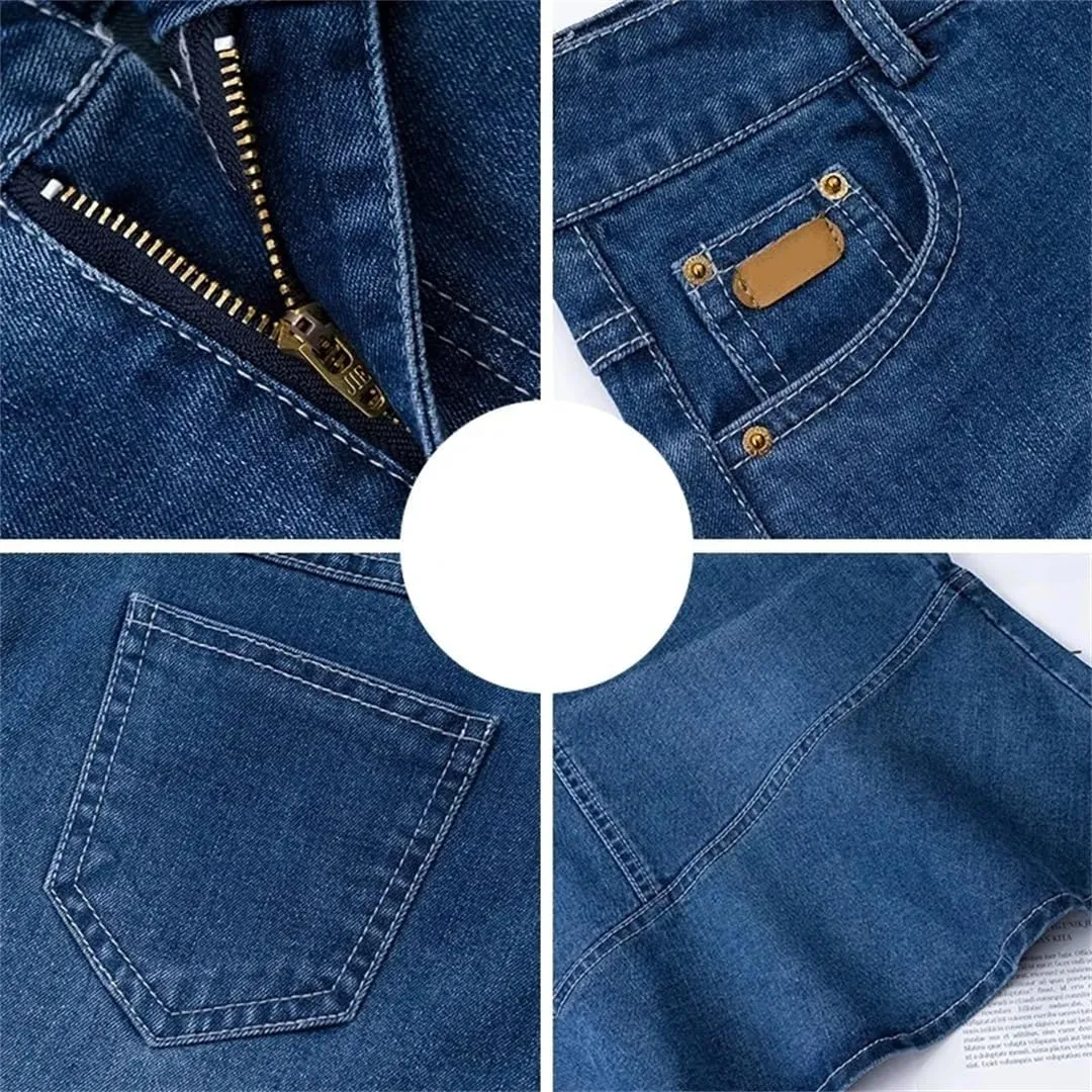 Women Spring Summer High-Waisted Ruffle A-Line Jeans Skirt Package HIPS Fishtail Mini Denim Skirts