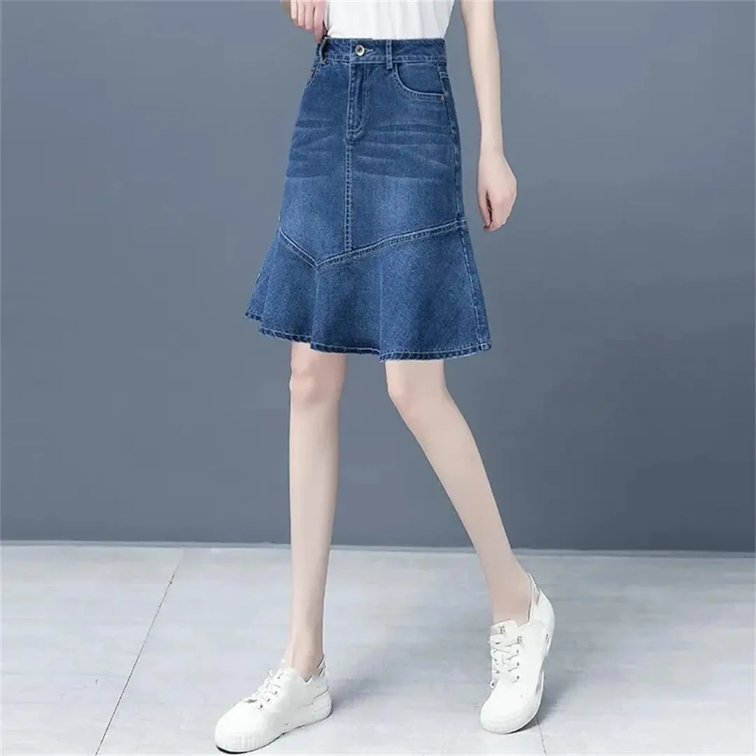 Women Spring Summer High-Waisted Ruffle A-Line Jeans Skirt Package HIPS Fishtail Mini Denim Skirts