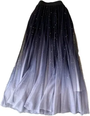 Women Starry-Sky Gradient Color Mesh Tulle Midi Skirt High Waist A-Line Pleated Skirt Sequined Tulle Skirt