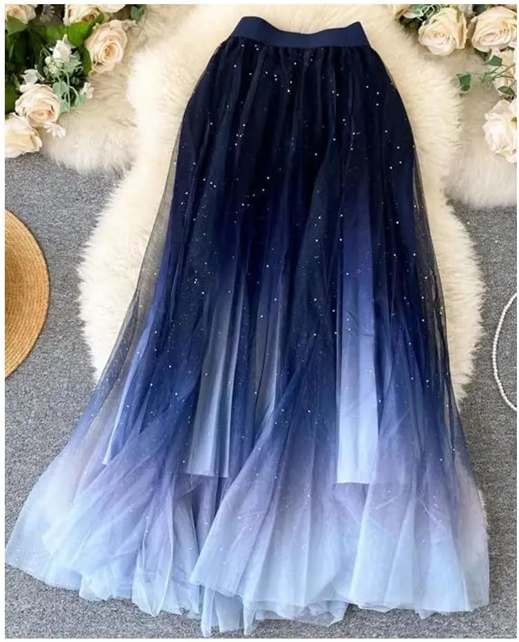 Women Starry-Sky Gradient Color Mesh Tulle Midi Skirt High Waist A-Line Pleated Skirt Sequined Tulle Skirt