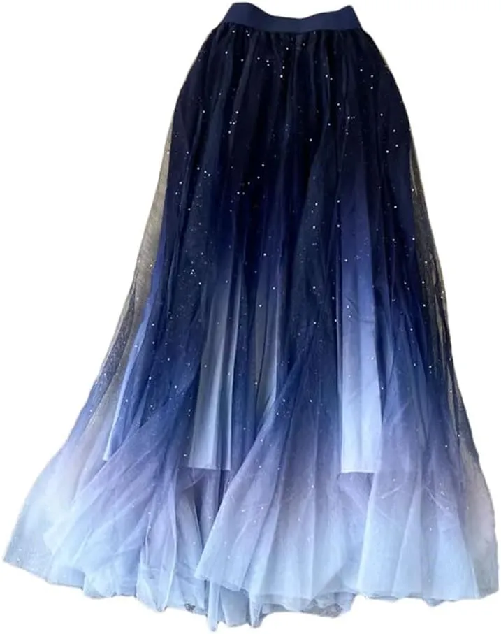 Women Starry-Sky Gradient Color Mesh Tulle Midi Skirt High Waist A-Line Pleated Skirt Sequined Tulle Skirt