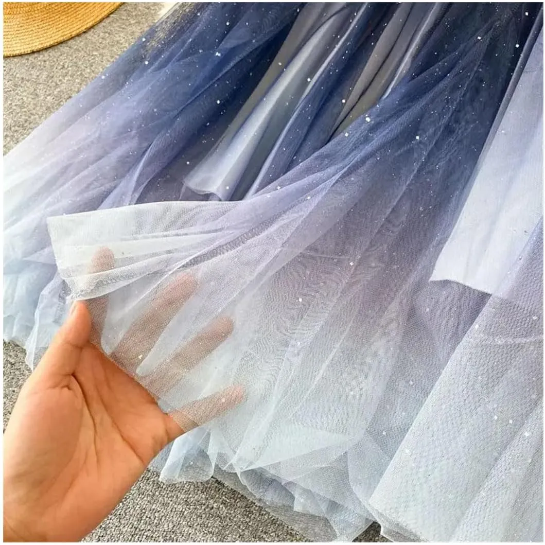 Women Starry-Sky Gradient Color Mesh Tulle Midi Skirt High Waist A-Line Pleated Skirt Sequined Tulle Skirt