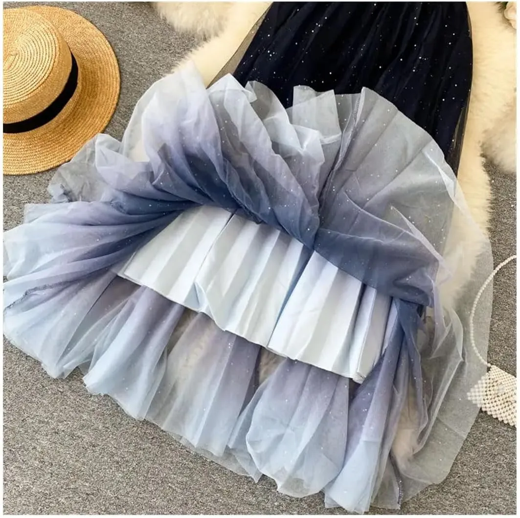 Women Starry-Sky Gradient Color Mesh Tulle Midi Skirt High Waist A-Line Pleated Skirt Sequined Tulle Skirt