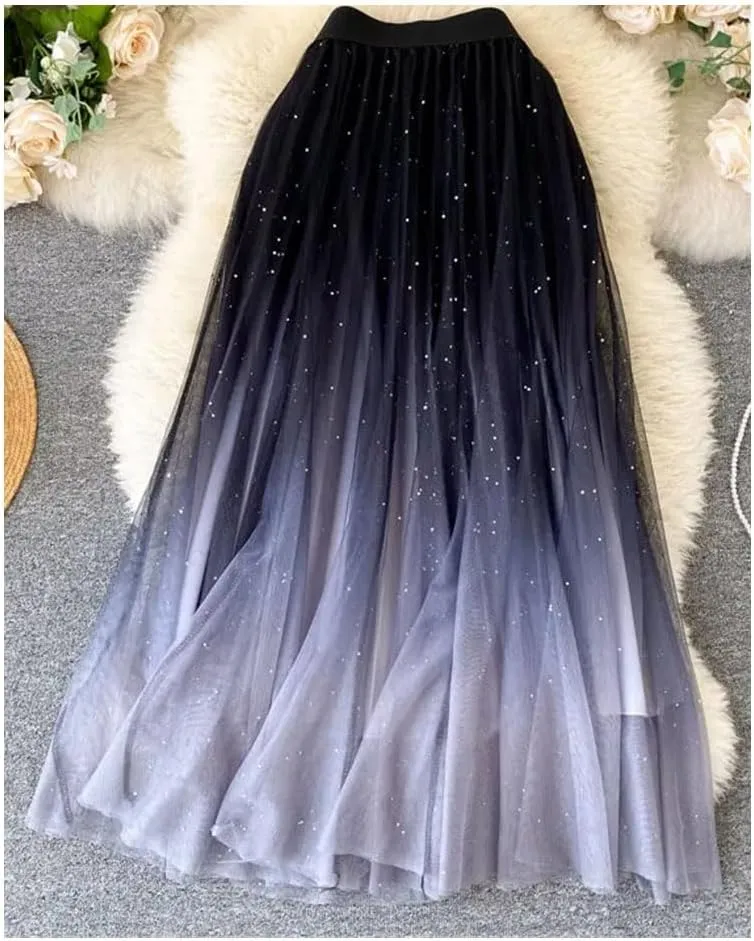 Women Starry-Sky Gradient Color Mesh Tulle Midi Skirt High Waist A-Line Pleated Skirt Sequined Tulle Skirt