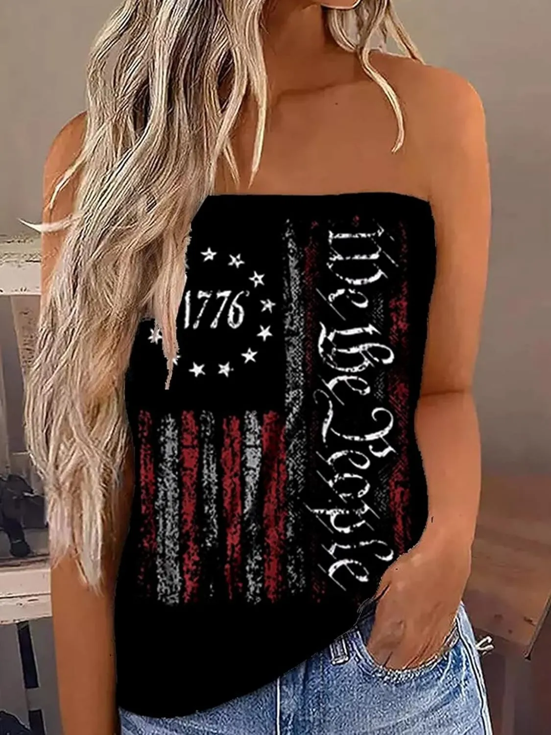 Women Strapless Bandeau Tank Casual Loose Sleeveless Tube Tops Summer Flowy Tunic Tube Top Tee Shirt Blouse