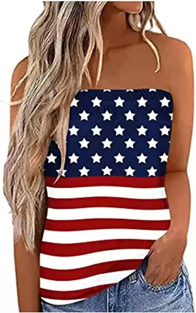 Women Strapless Bandeau Tank Casual Loose Sleeveless Tube Tops Summer Flowy Tunic Tube Top Tee Shirt Blouse