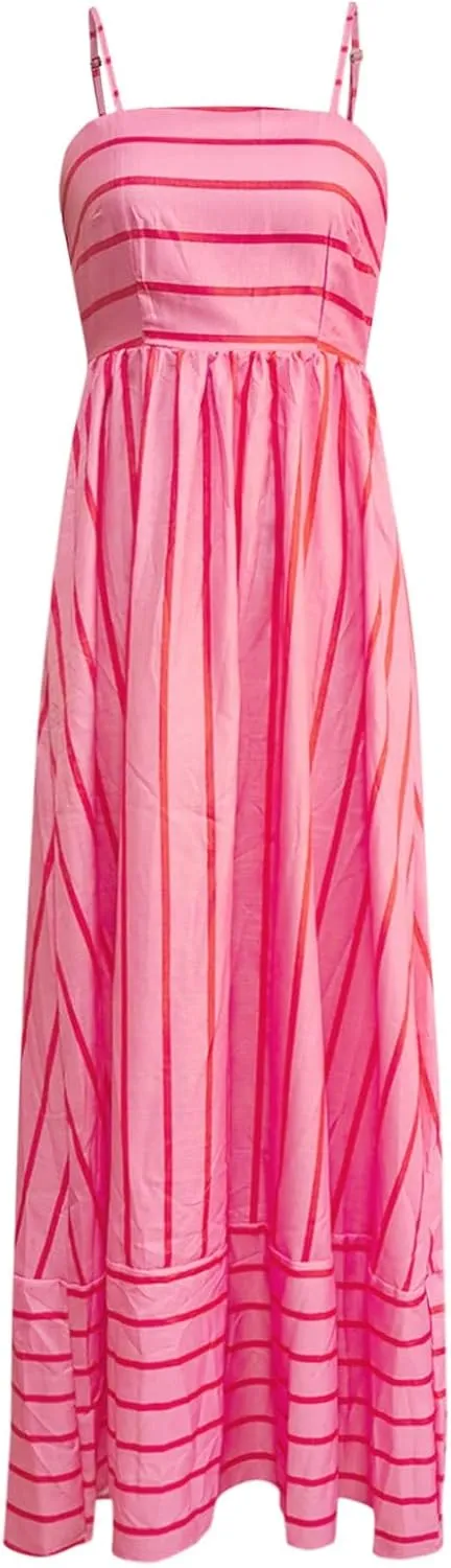 Women Stripe Sleeveless Camisole Dress Plus Size Backless Suspender Dress Summer Flowy Sundress Casual Party Dresses
