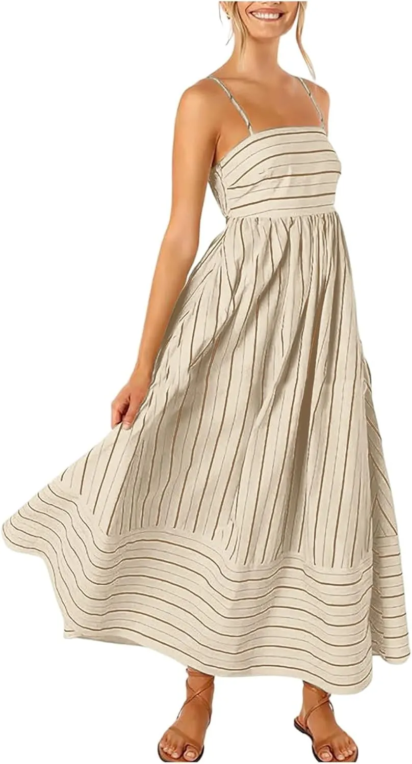 Women Stripe Sleeveless Camisole Dress Plus Size Backless Suspender Dress Summer Flowy Sundress Casual Party Dresses