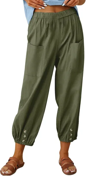 Women Summer Cotton Linen Pants Trousers Lantern Tapered Harem Pants Casual Loose Pull On Capri Pants with Pockets