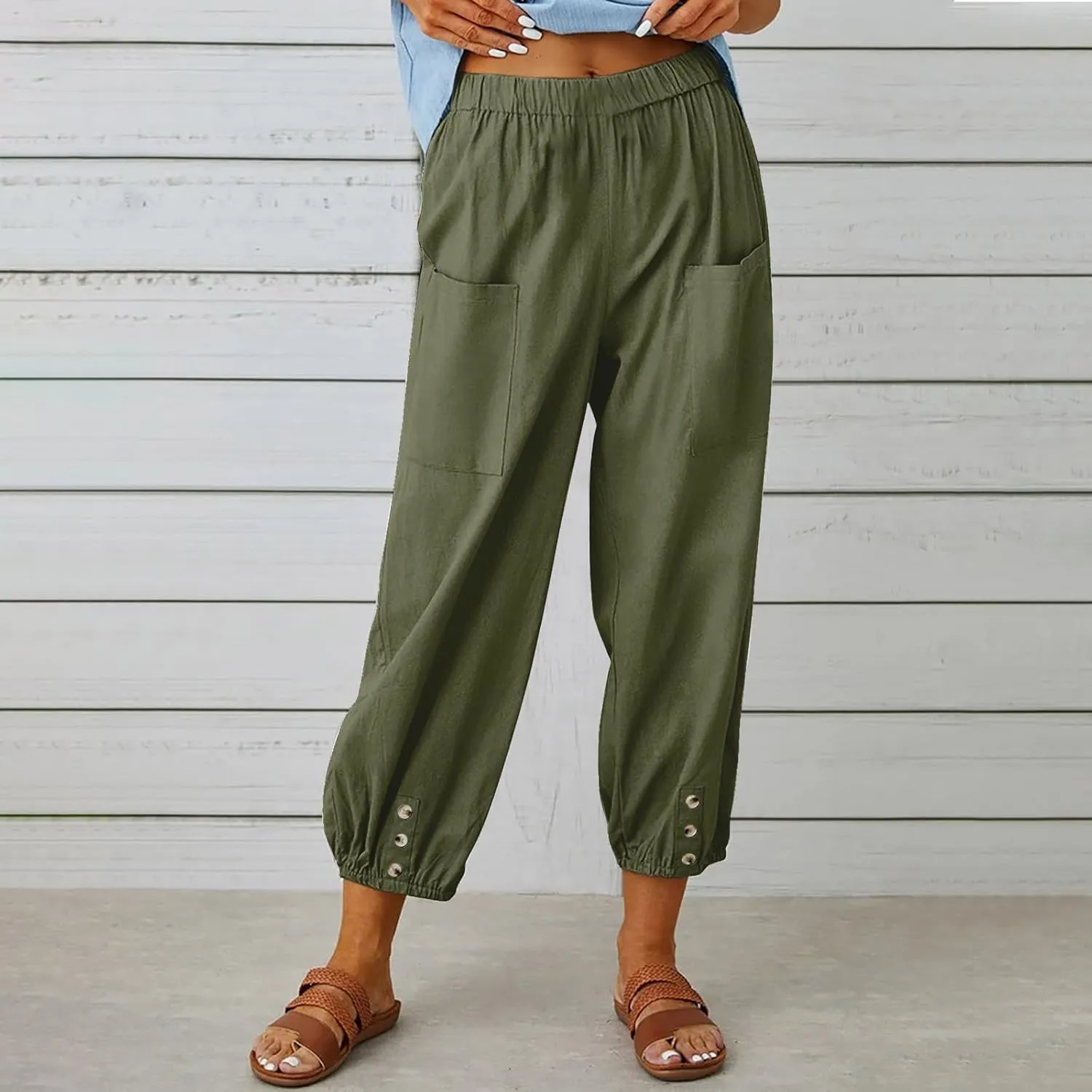 Women Summer Cotton Linen Pants Trousers Lantern Tapered Harem Pants Casual Loose Pull On Capri Pants with Pockets