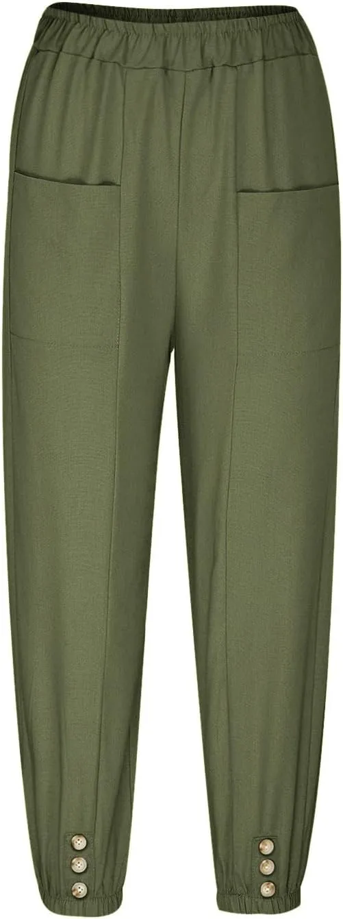 Women Summer Cotton Linen Pants Trousers Lantern Tapered Harem Pants Casual Loose Pull On Capri Pants with Pockets