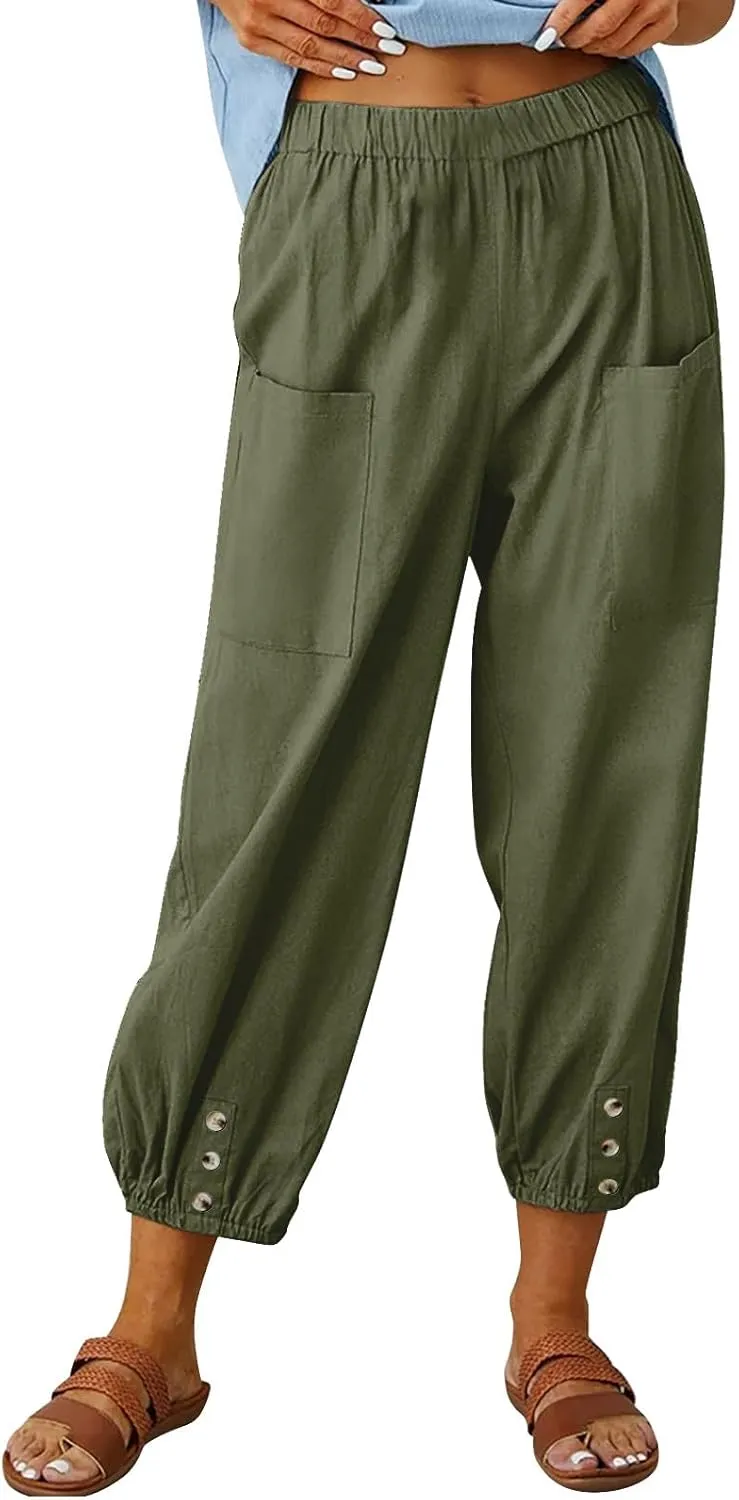 Women Summer Cotton Linen Pants Trousers Lantern Tapered Harem Pants Casual Loose Pull On Capri Pants with Pockets