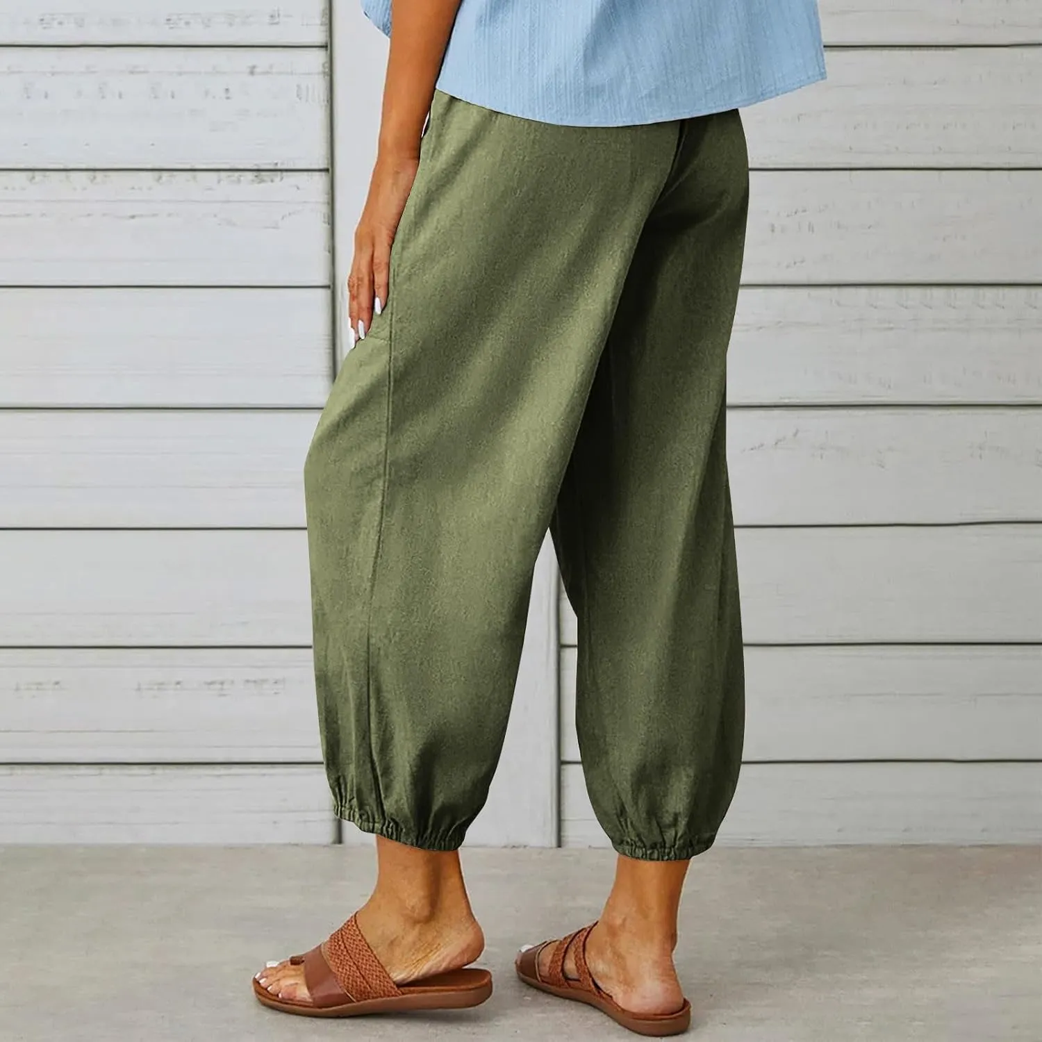 Women Summer Cotton Linen Pants Trousers Lantern Tapered Harem Pants Casual Loose Pull On Capri Pants with Pockets