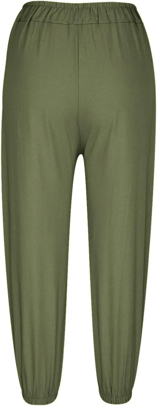 Women Summer Cotton Linen Pants Trousers Lantern Tapered Harem Pants Casual Loose Pull On Capri Pants with Pockets