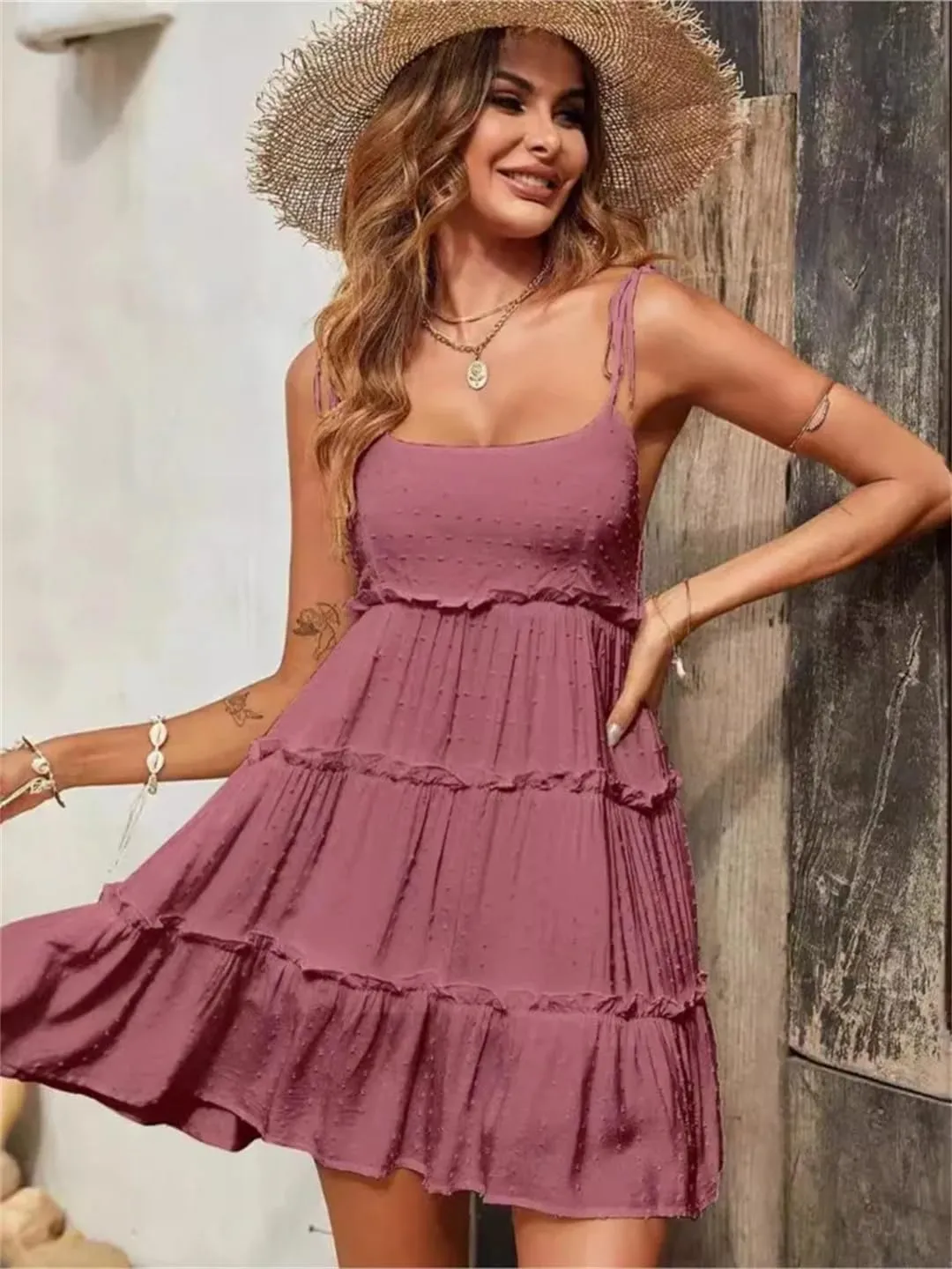 Women Summer Solid Color Dots Spaghetti Strap Mini Dresses Bowknot Leace-Up Backless Short Dress