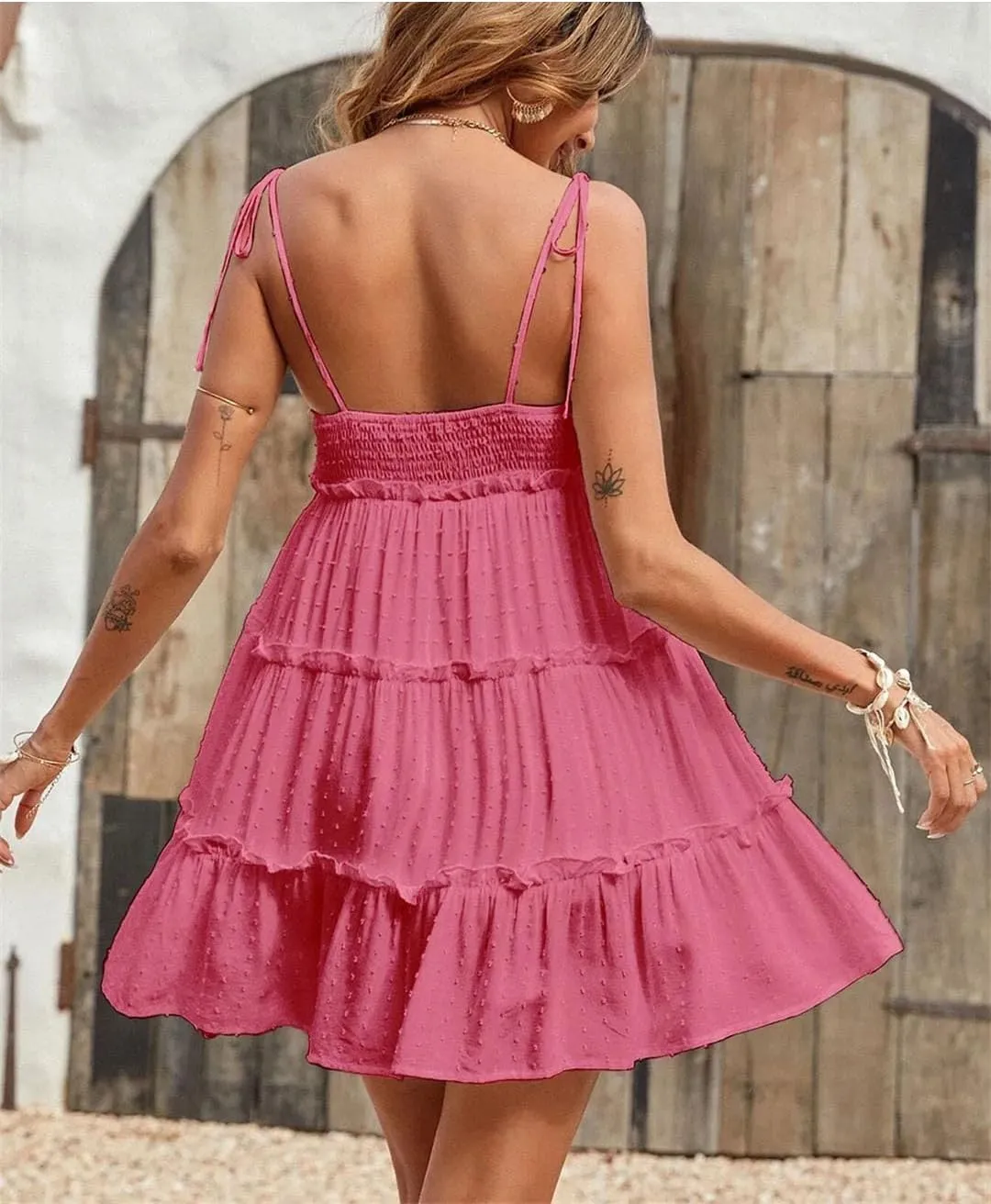Women Summer Solid Color Dots Spaghetti Strap Mini Dresses Bowknot Leace-Up Backless Short Dress