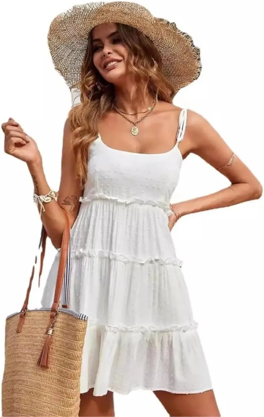 Women Summer Solid Color Dots Spaghetti Strap Mini Dresses Bowknot Leace-Up Backless Short Dress