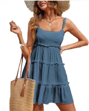 Women Summer Solid Color Dots Spaghetti Strap Mini Dresses Bowknot Leace-Up Backless Short Dress
