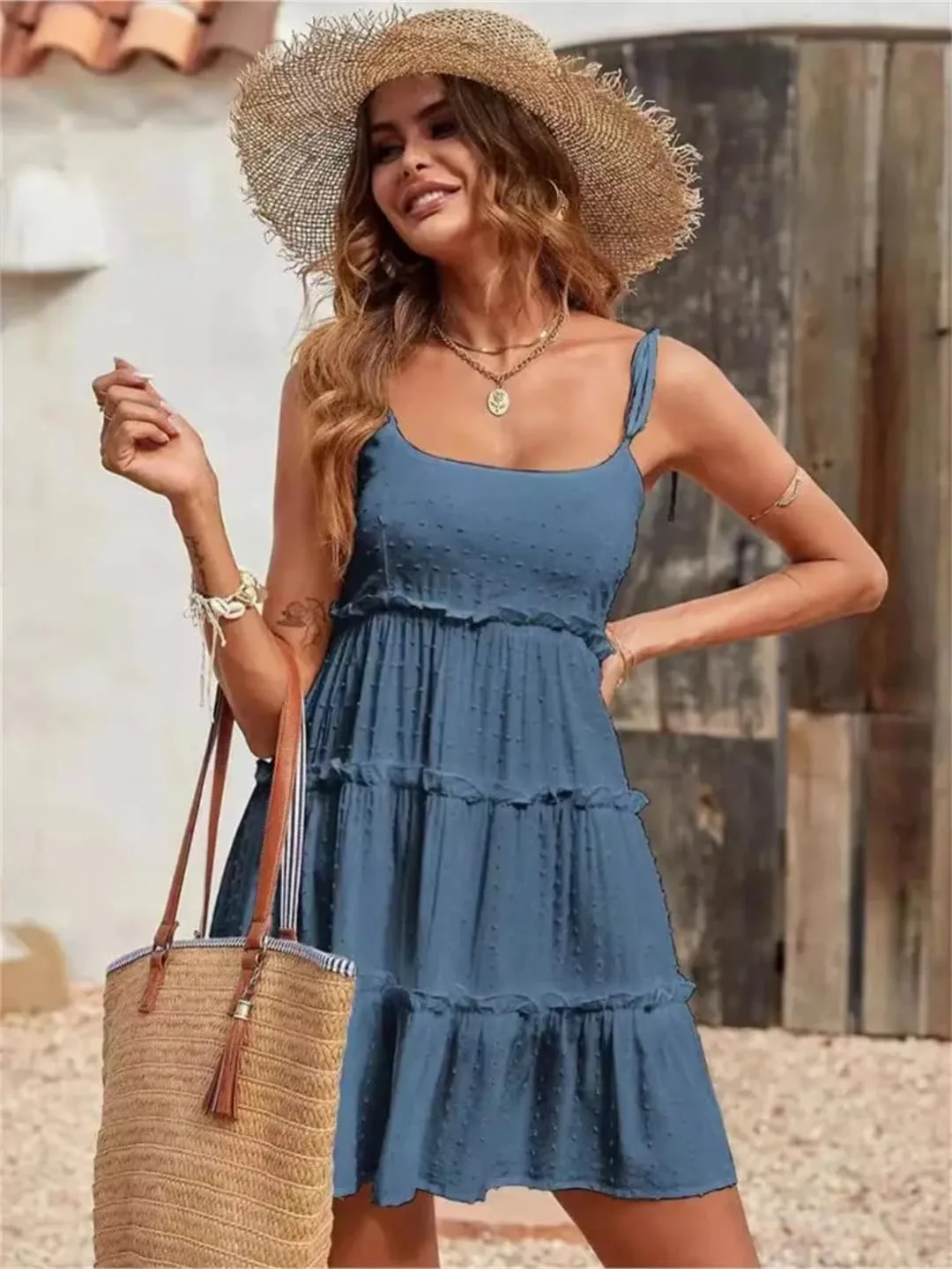 Women Summer Solid Color Dots Spaghetti Strap Mini Dresses Bowknot Leace-Up Backless Short Dress