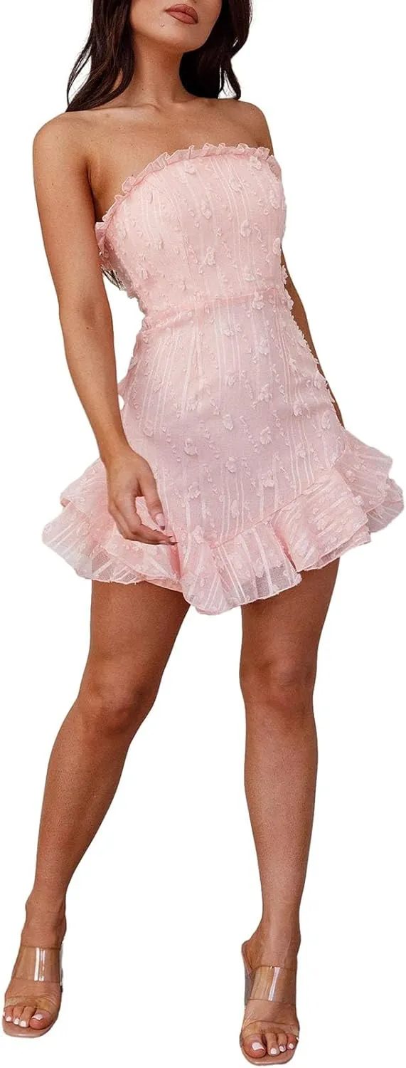 Women Vintage Floral Strapless Tube Mini Dress Sexy Off Shoulder Backless Bodycon Ruffle Flowy Dress Fairy Party Club