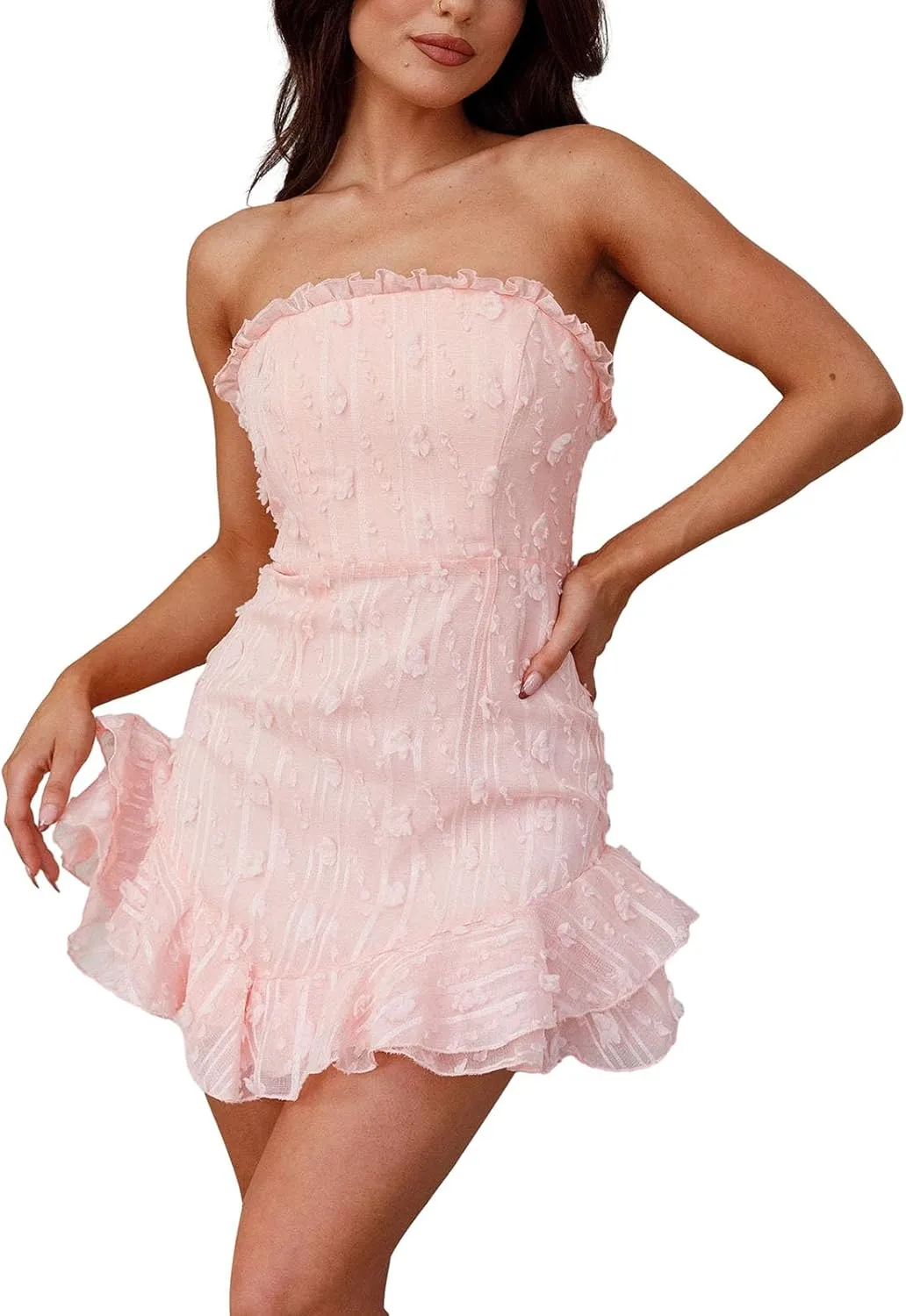 Women Vintage Floral Strapless Tube Mini Dress Sexy Off Shoulder Backless Bodycon Ruffle Flowy Dress Fairy Party Club