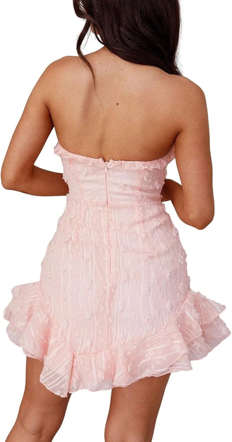 Women Vintage Floral Strapless Tube Mini Dress Sexy Off Shoulder Backless Bodycon Ruffle Flowy Dress Fairy Party Club