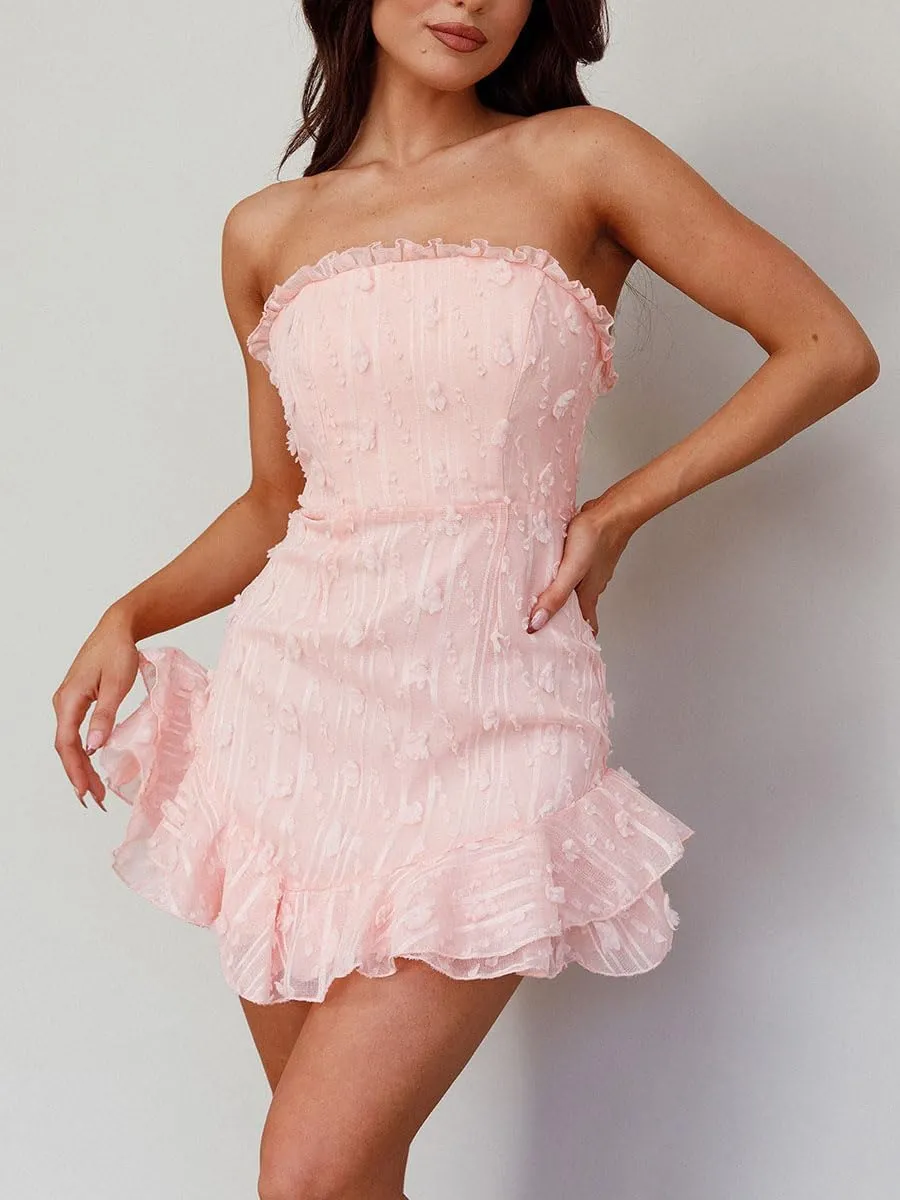 Women Vintage Floral Strapless Tube Mini Dress Sexy Off Shoulder Backless Bodycon Ruffle Flowy Dress Fairy Party Club