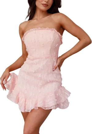 Women Vintage Floral Strapless Tube Mini Dress Sexy Off Shoulder Backless Bodycon Ruffle Flowy Dress Fairy Party Club